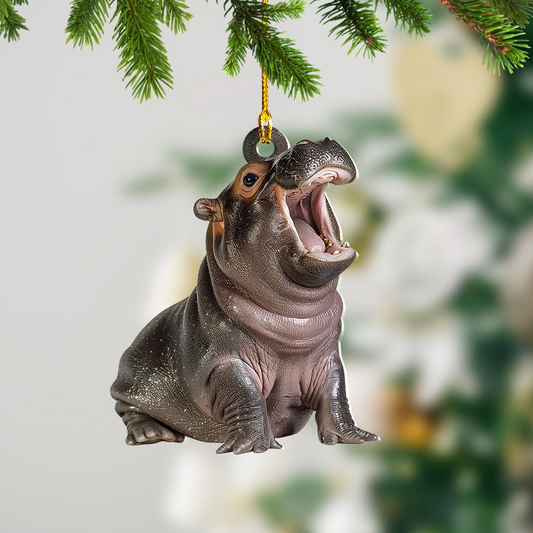 Christmas Baby Hippo Moo Deng Flat Car Ornament, Pygmy Hippo Rearview Mirror Car Ornament, Hippo Funny Hanging Christmas Ornament Decor Gift