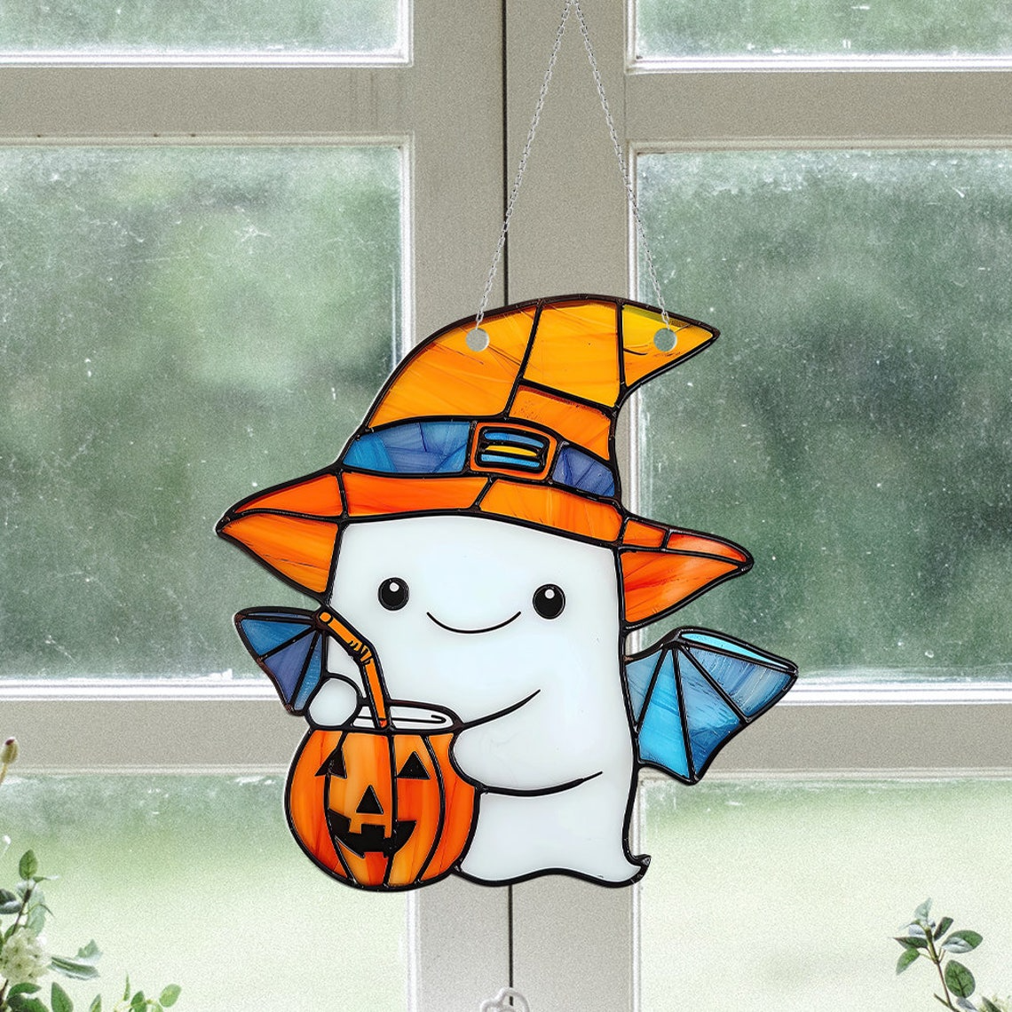 Cute Ghost Winged and Pumpkin Halloween Suncatcher, Halloween Ghost Hanging Ornament