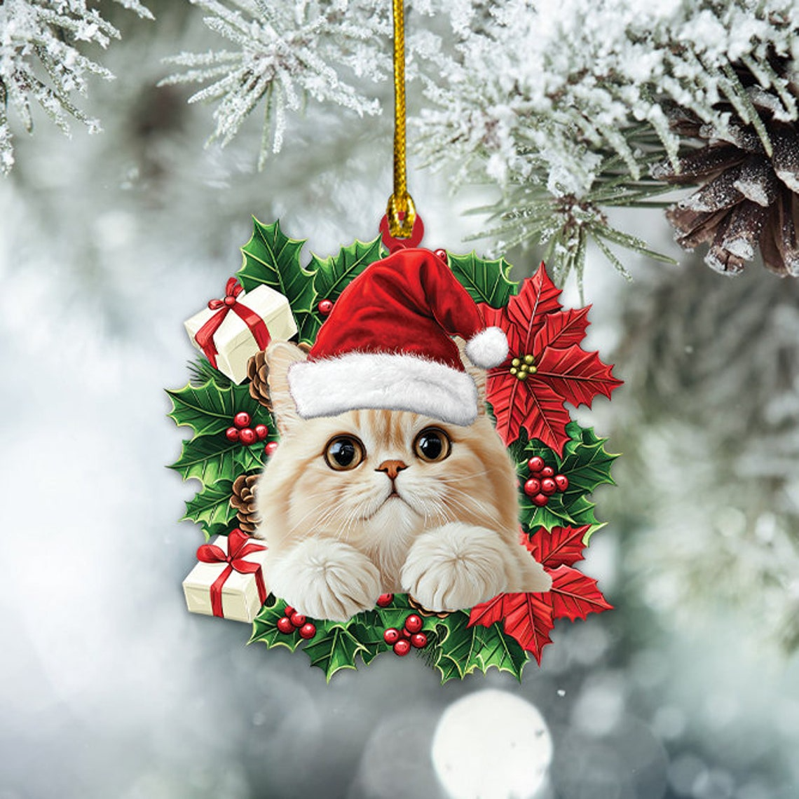 Persian Cat Christmas Wreath Ornament, Cute Cat Rearview Mirror Car Ornament Decor Gift