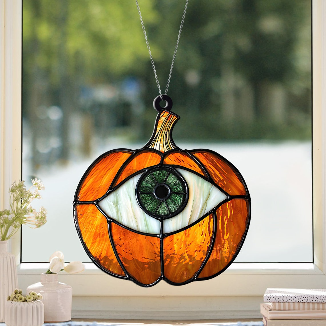 Pumpkin Autumn Hanging Suncatcher, Classic Halloween Pumpkin Ornament Decor Gift