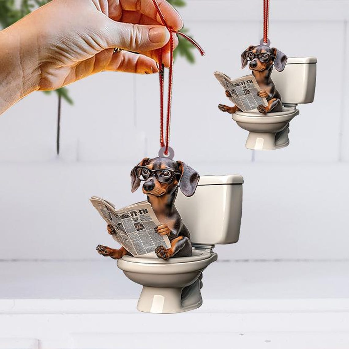 Dachshund Dog Sitting On Toilet Ornament, Dachshund Dog Reading Newspaper Hanging Ornament