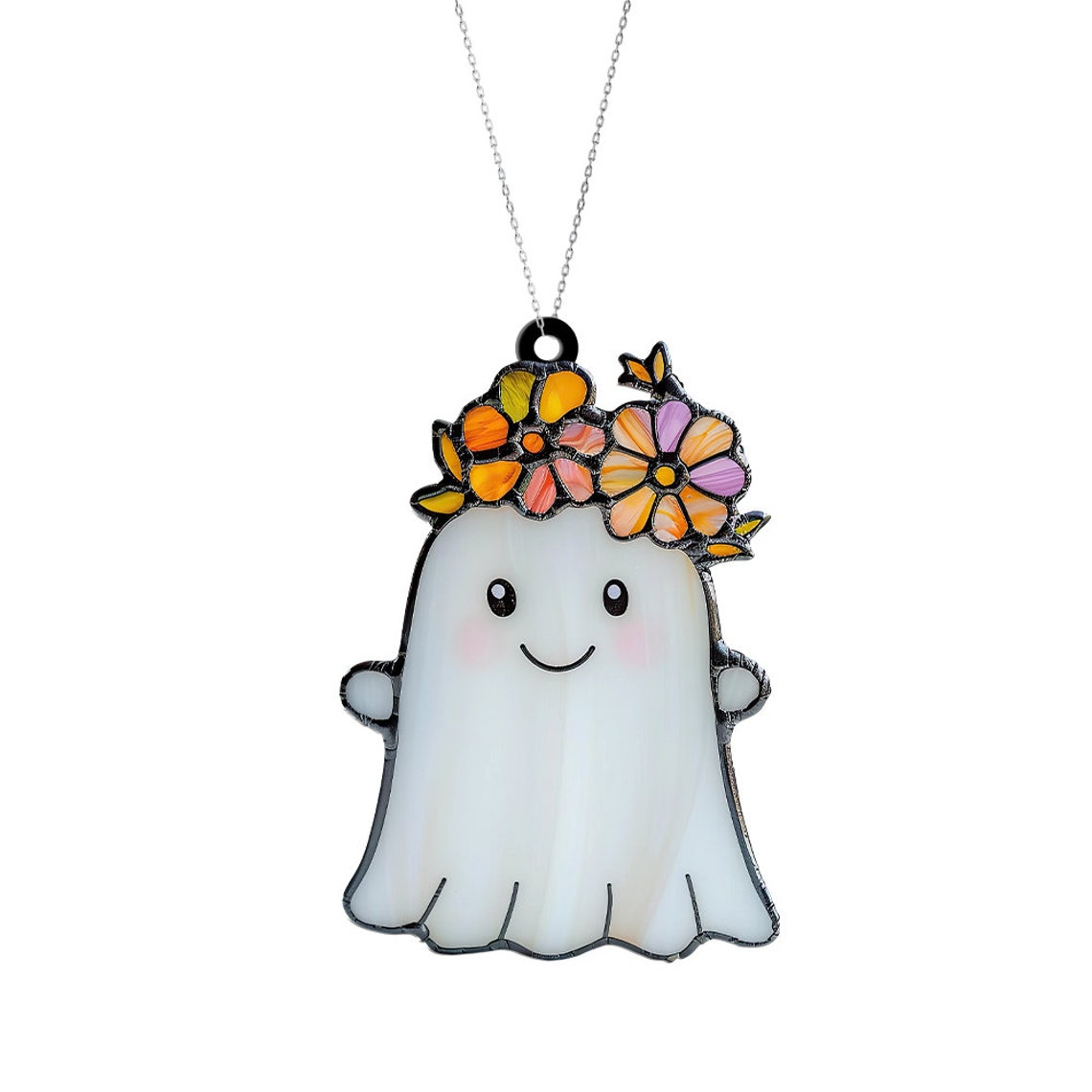 Cute Ghost With Flowers Crown Pretty Suncatcher, Ghost Flower Hanging Ornament