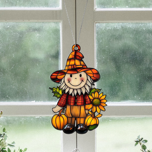 Scarecrow Pumpkin Hanging Suncatcher, Autumn Thanksgiving Ornament Decor