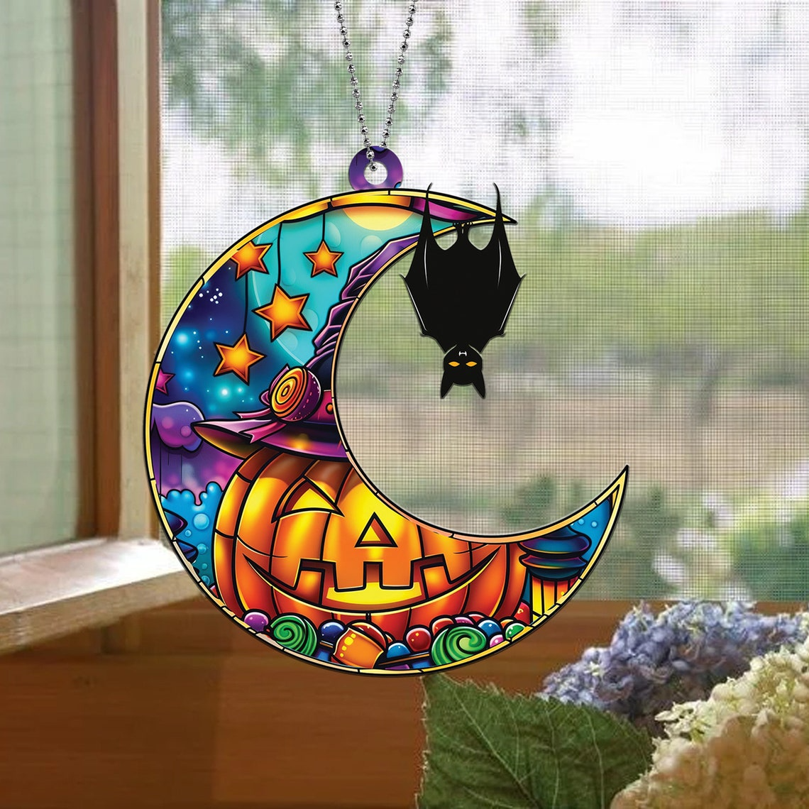 Bat on the Moon Pumpkin Halloween Hanging Suncatcher, Halloween Bat Moon Ornament