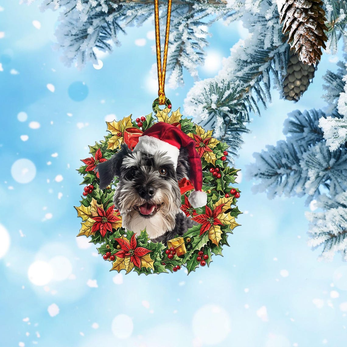 Schnauzer Dog and Christmas Wreath Hanging Ornament, Dog Hanging Ornament Decor Gift