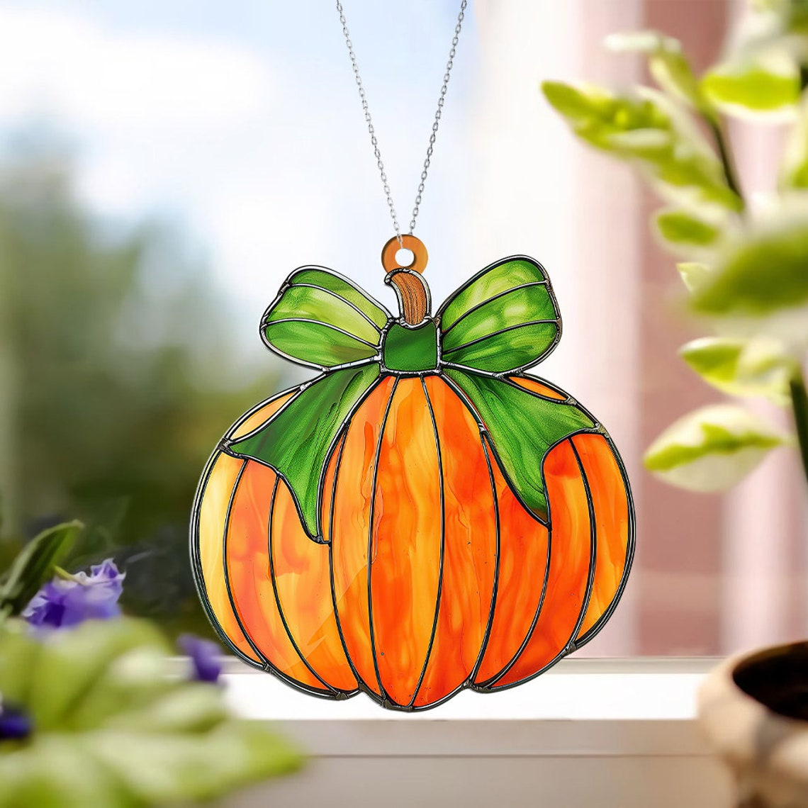 Bow Pumpkin Fall Ornament, Pumpkin Thanksgiving Suncatcher Decor