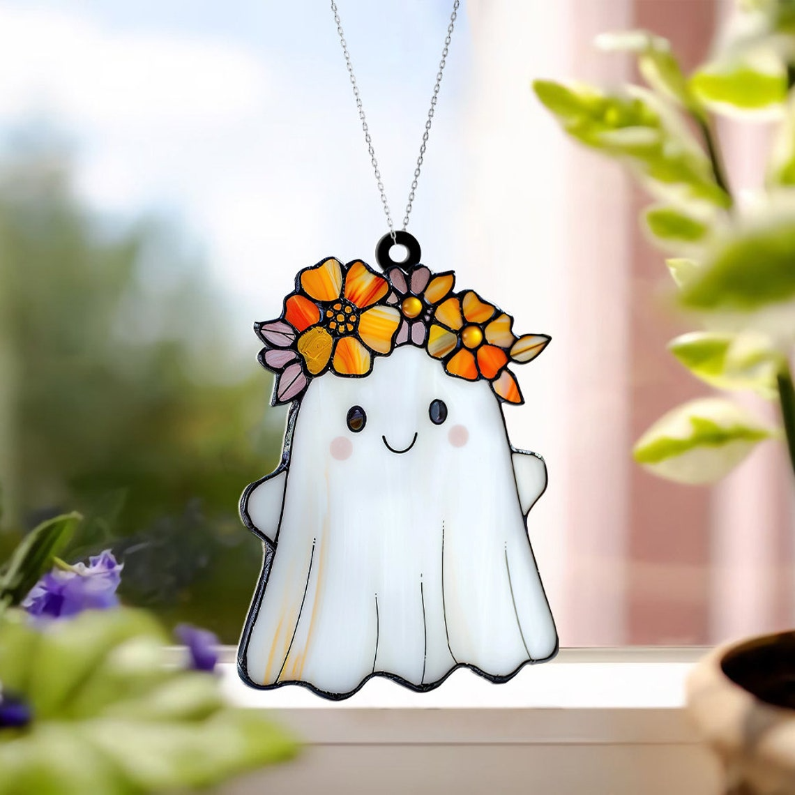 Ghost Pretty With Flowers Crown Suncatcher, Cute Ghost Halloween Hanging Ornament