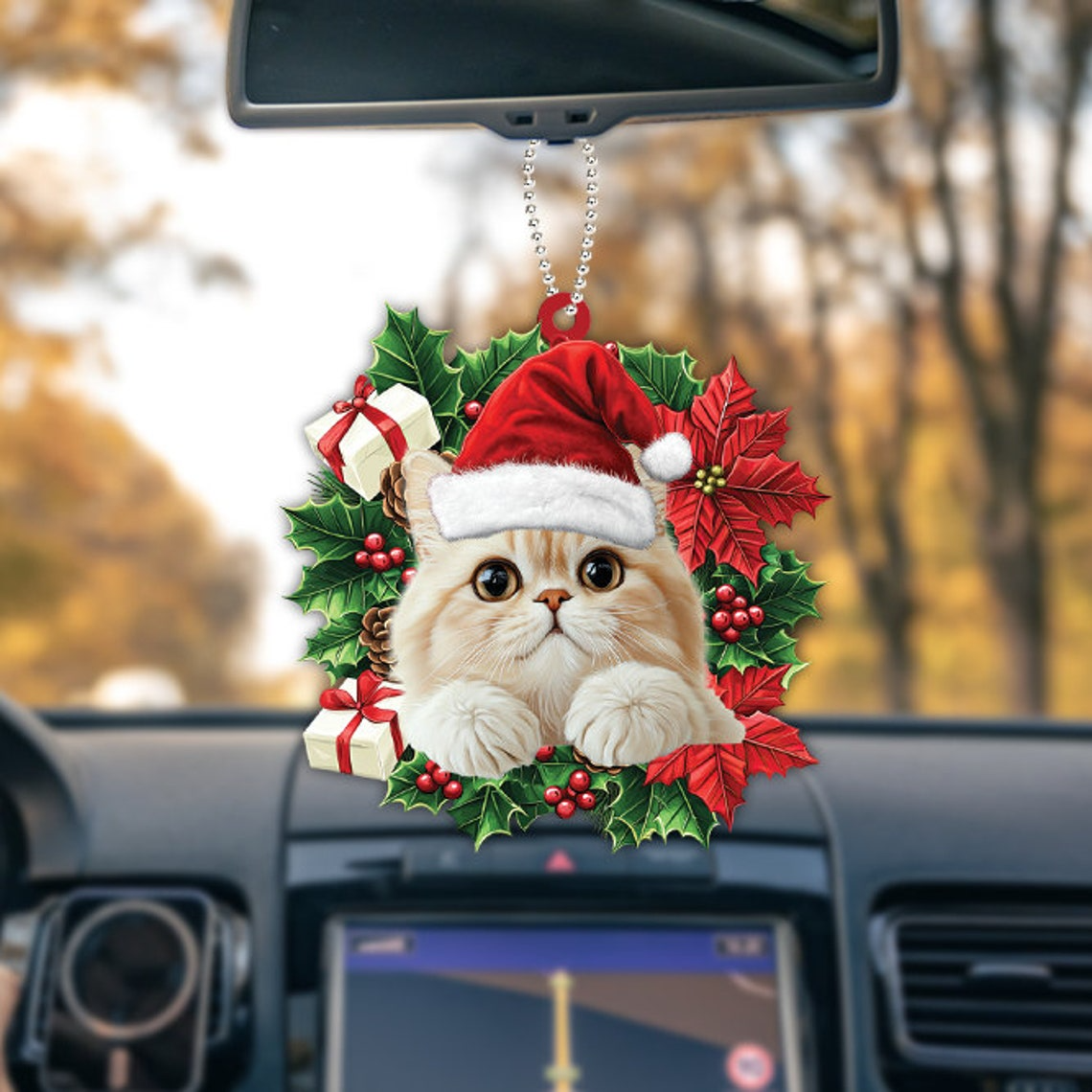 Persian Cat Christmas Wreath Ornament, Cute Cat Rearview Mirror Car Ornament Decor Gift