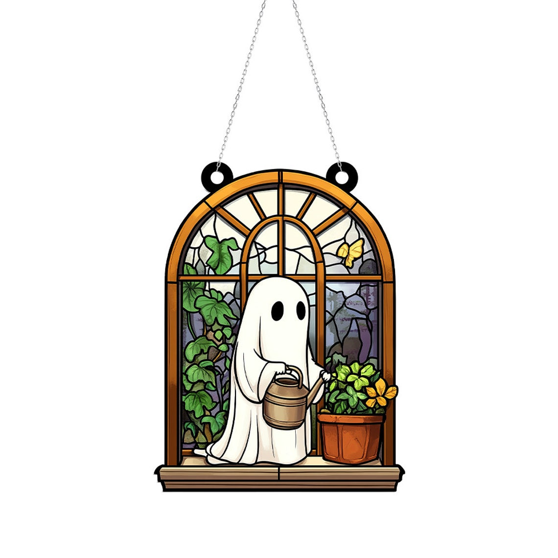 Cute Ghost Planting Halloween Suncatcher, Cute Ghost At Greenhouse Home Decor