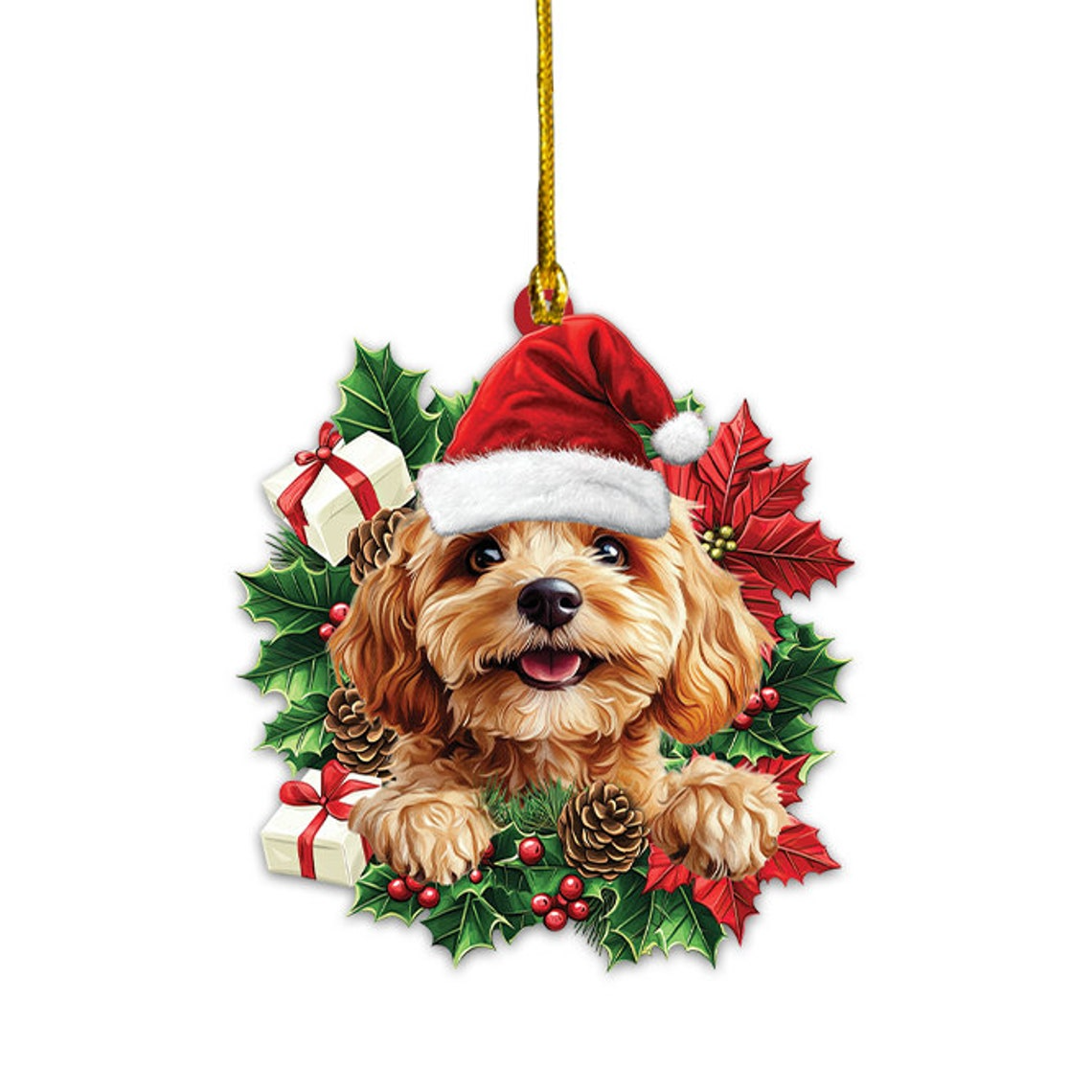 Cockapoo Dog Hanging Christmas Wreath Ornament, Cockapoo Dog Car Christmas Ornament Gift