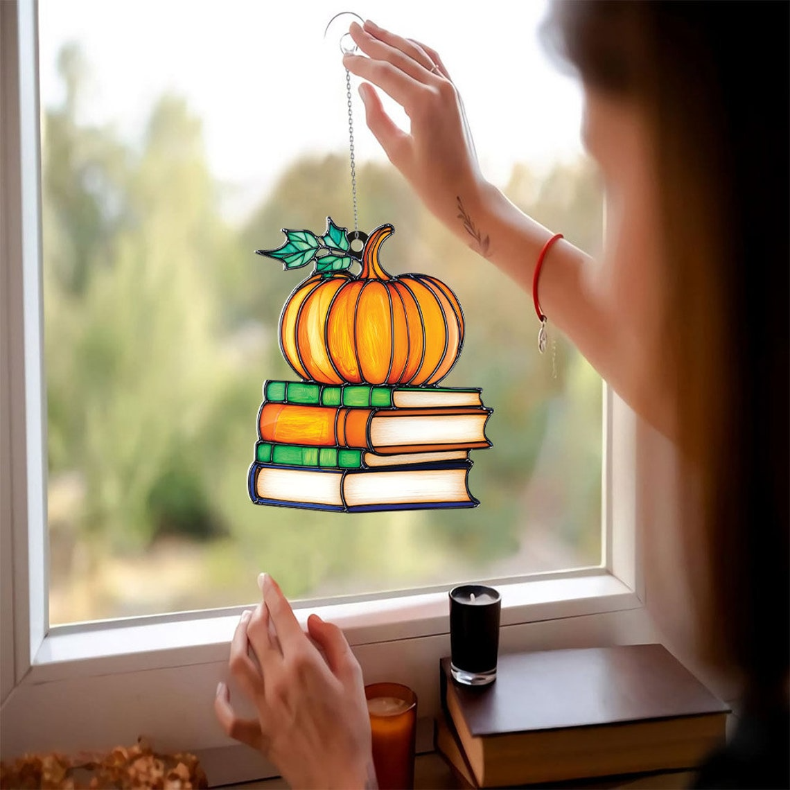 Pumpkin Books Suncatcher Ornament, Halloween Books Pumpkin Fall Ornament