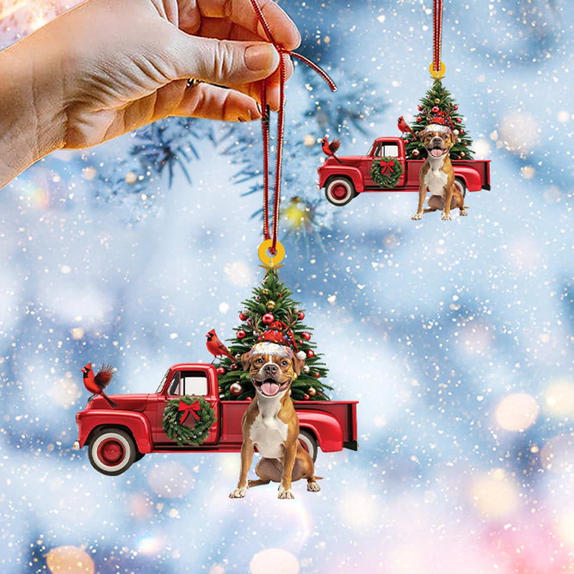 Boxer Dog Red Truck Hanging Christmas Ornament, Boxer Dog Rearview Mirror Car Ornament Decor