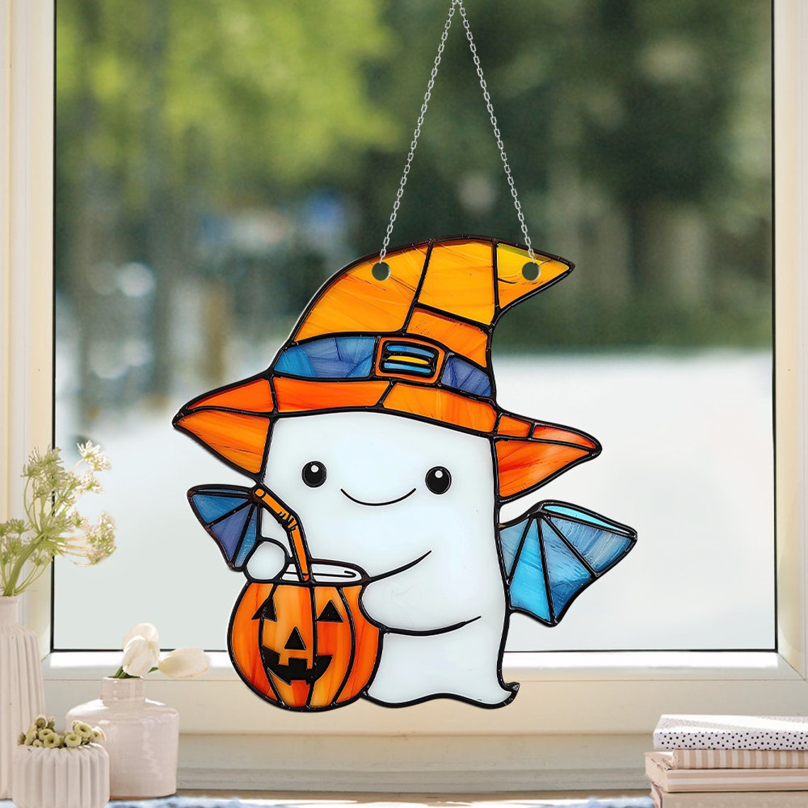 Cute Ghost Winged and Pumpkin Halloween Suncatcher, Halloween Ghost Hanging Ornament