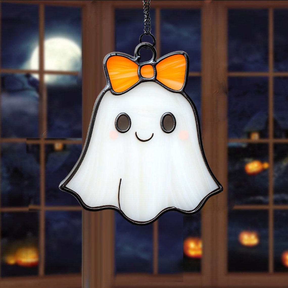 Pretty Girl Ghost With Bow Suncatcher, Halloween Ghost Window Hanging Ornament