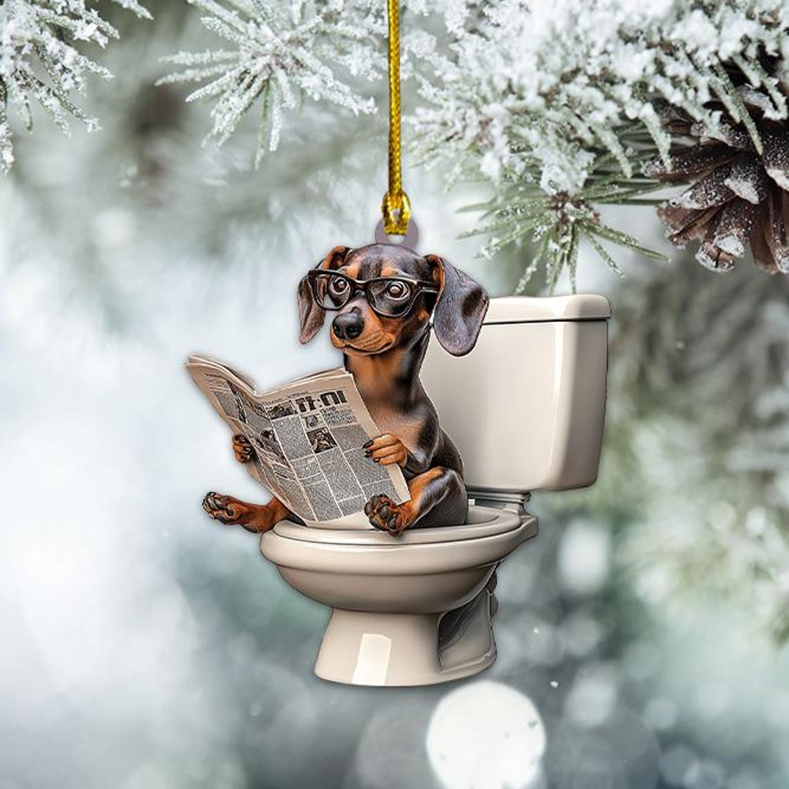 Dachshund Dog Sitting On Toilet Ornament, Dachshund Dog Reading Newspaper Hanging Ornament