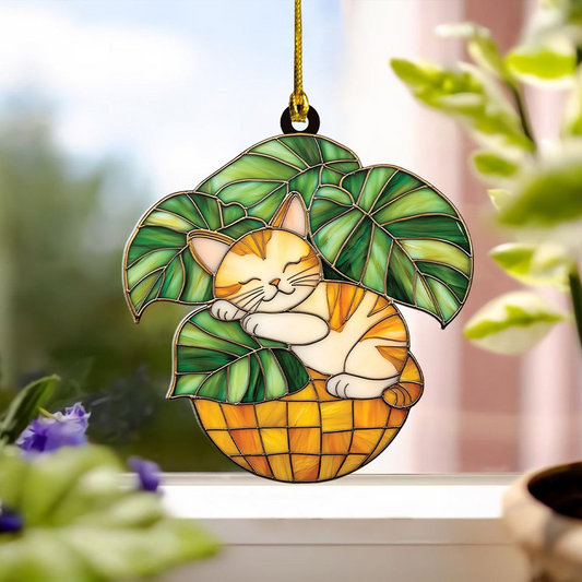 Cat Sleeping on Monstera Pot Suncatcher, Cat on Plant Pot Hanging Ornament Decor Home