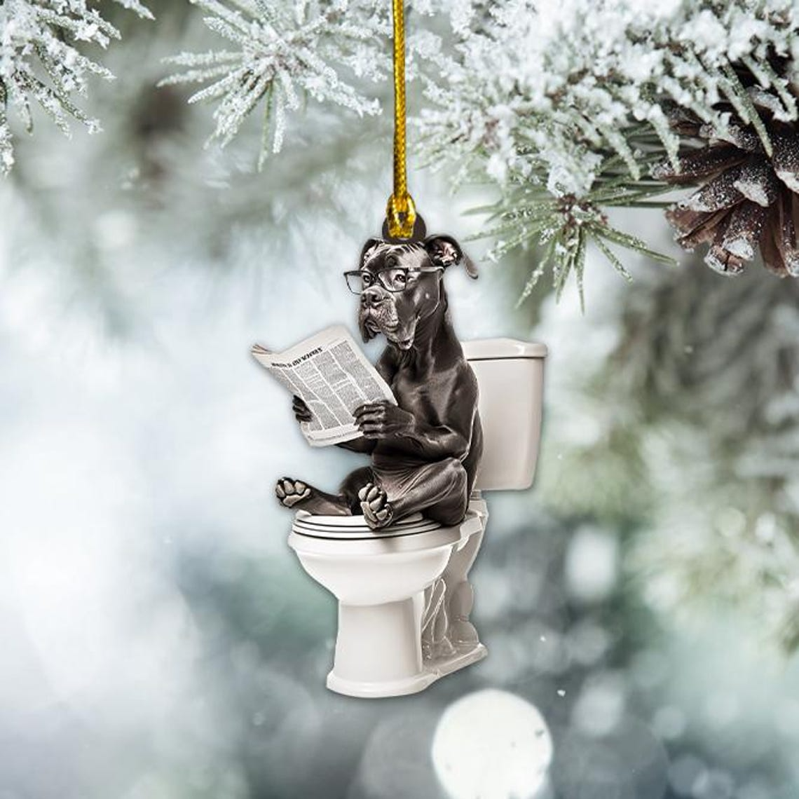 Great Dane Dog Sit On Toilet Christmas Ornament, Great Dane Dog Ornament Decor Gift