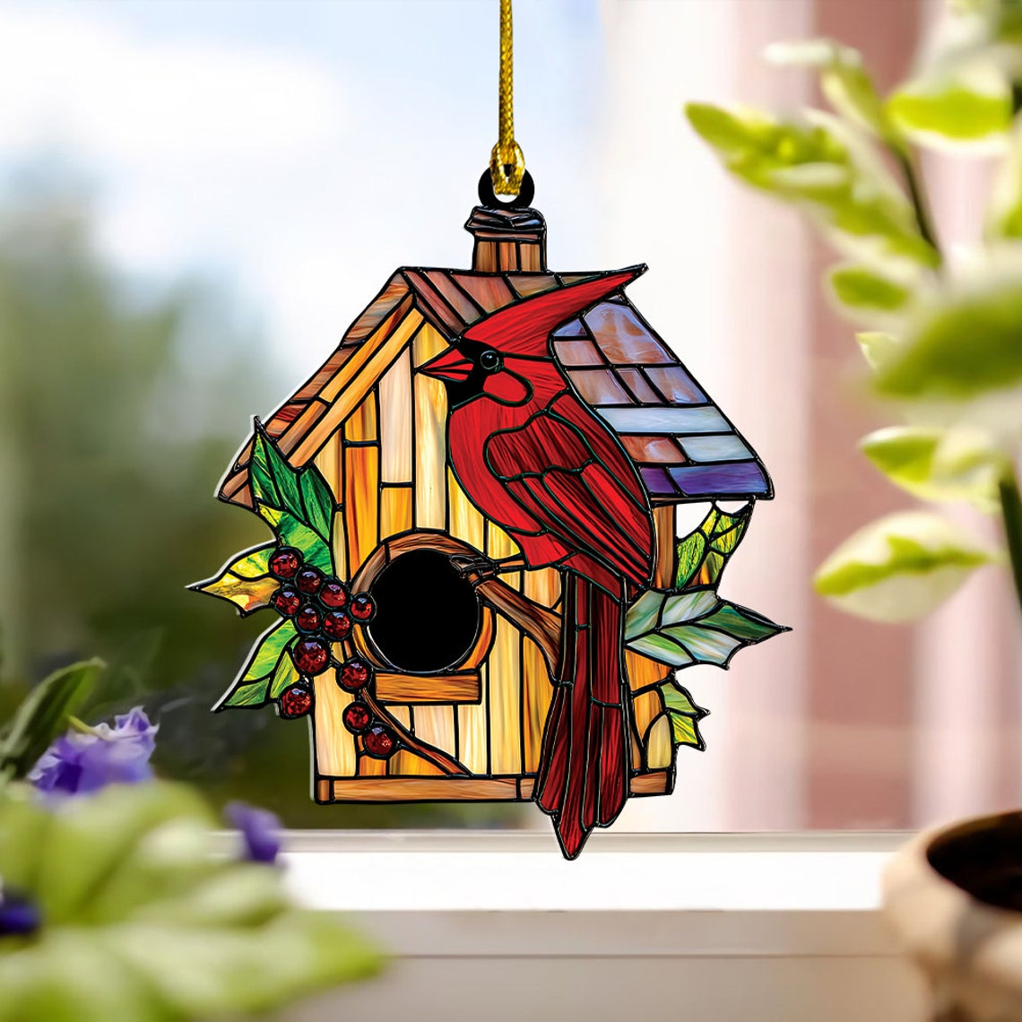 Cardinal Window Suncatcher Ornament, Cardinal Winter Ornament Decor