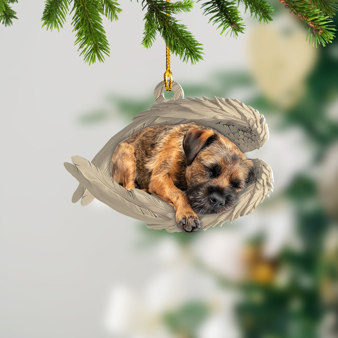 Border Terrier Dog Sleeping Angel Wings Ornament Gift, Border Terrier Dog Car Christmas Ornament