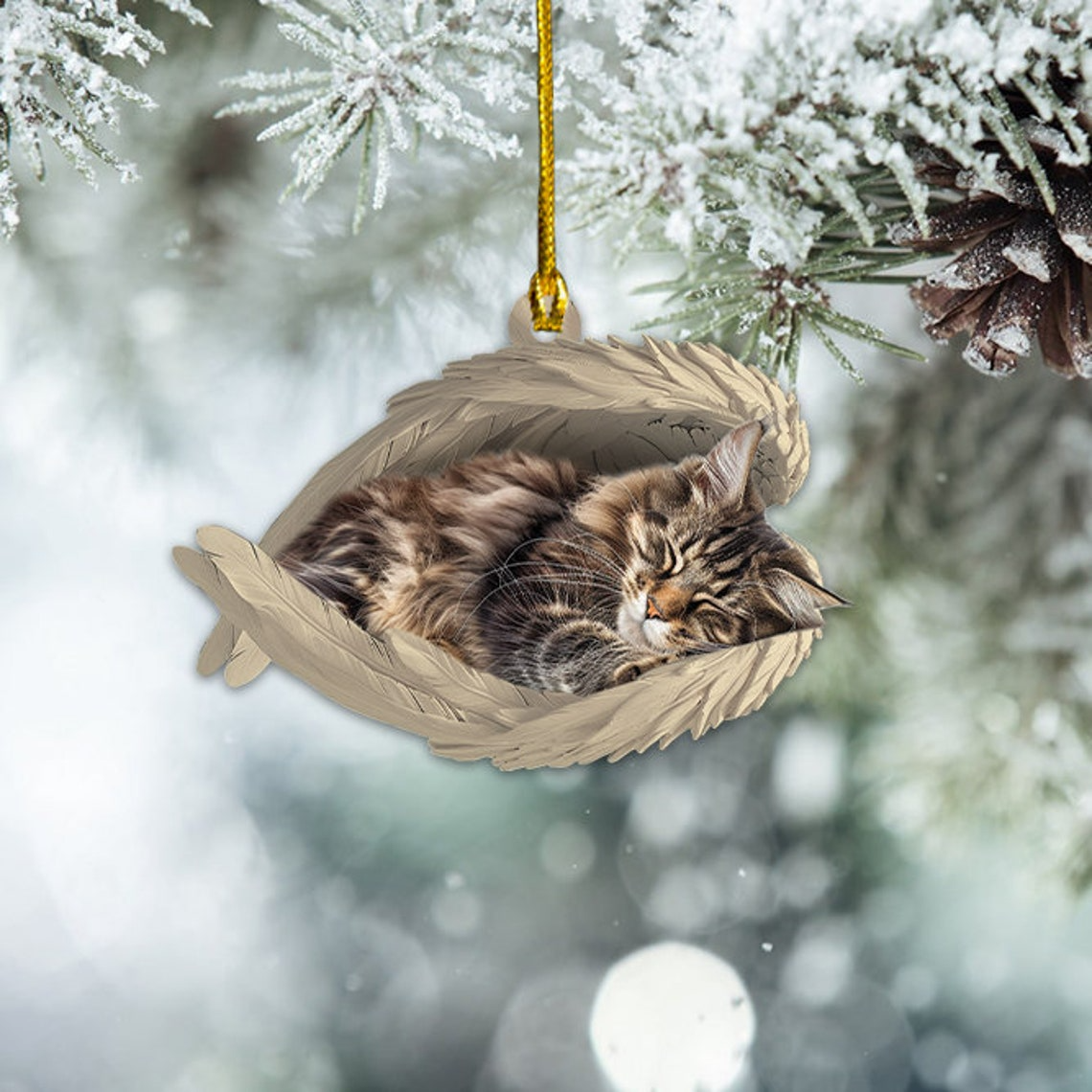 Maine Coon Cat Sleeping Angel Hanging Christmas Ornament, Maine Coon Cat Angel Wings Ornament Decor