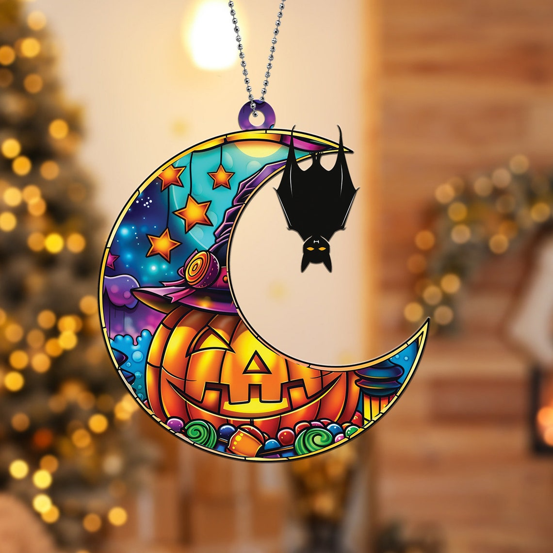 Bat on the Moon Pumpkin Halloween Hanging Suncatcher, Halloween Bat Moon Ornament