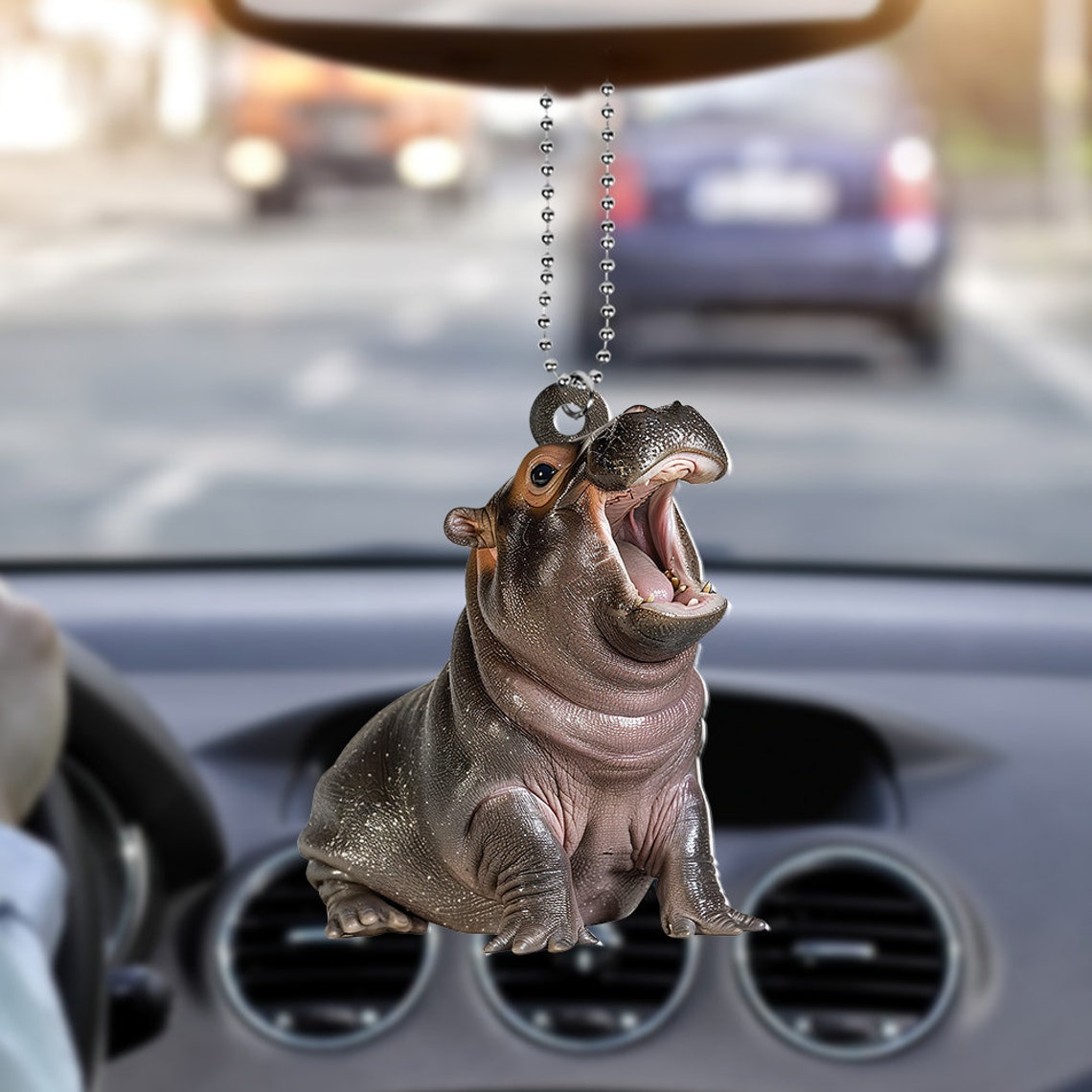 Christmas Baby Hippo Moo Deng Flat Car Ornament, Pygmy Hippo Rearview Mirror Car Ornament, Hippo Funny Hanging Christmas Ornament Decor Gift