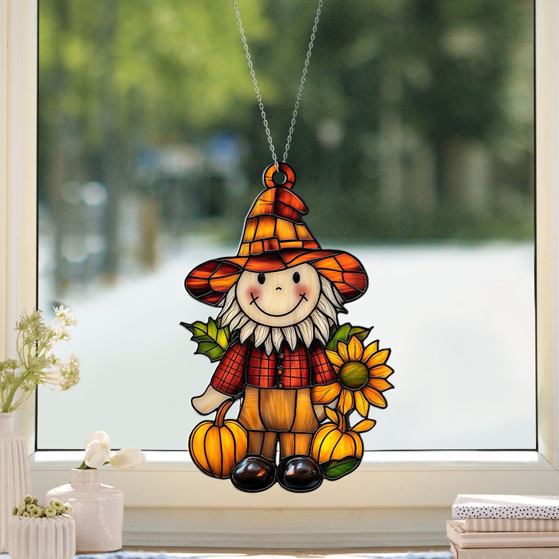 Scarecrow Pumpkin Hanging Suncatcher, Autumn Thanksgiving Ornament Decor