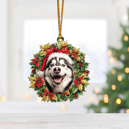 Alaska Dog and Christmas Wreath Ornament, Cute Alaska Dog Christmas Ornament Decor Holiday