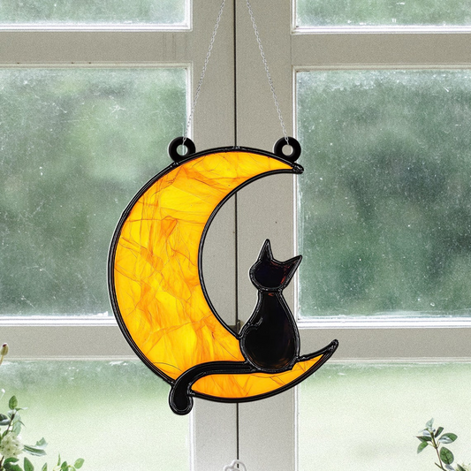 Vintage Black Cat on The Moon Halloween Suncatcher, Cat Hanging Halloween Decor Gift