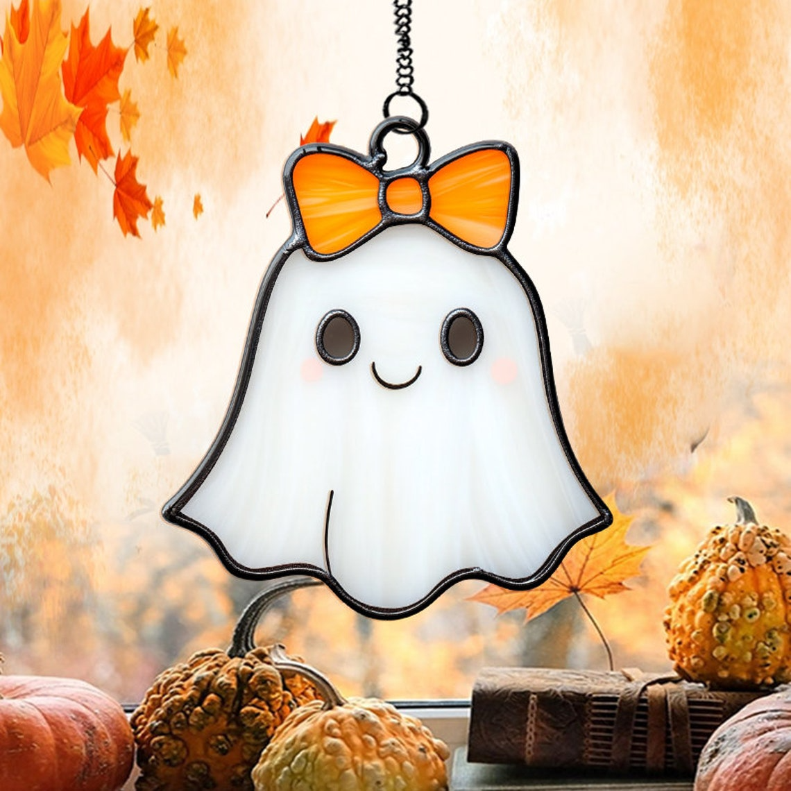 Pretty Girl Ghost With Bow Suncatcher, Halloween Ghost Window Hanging Ornament