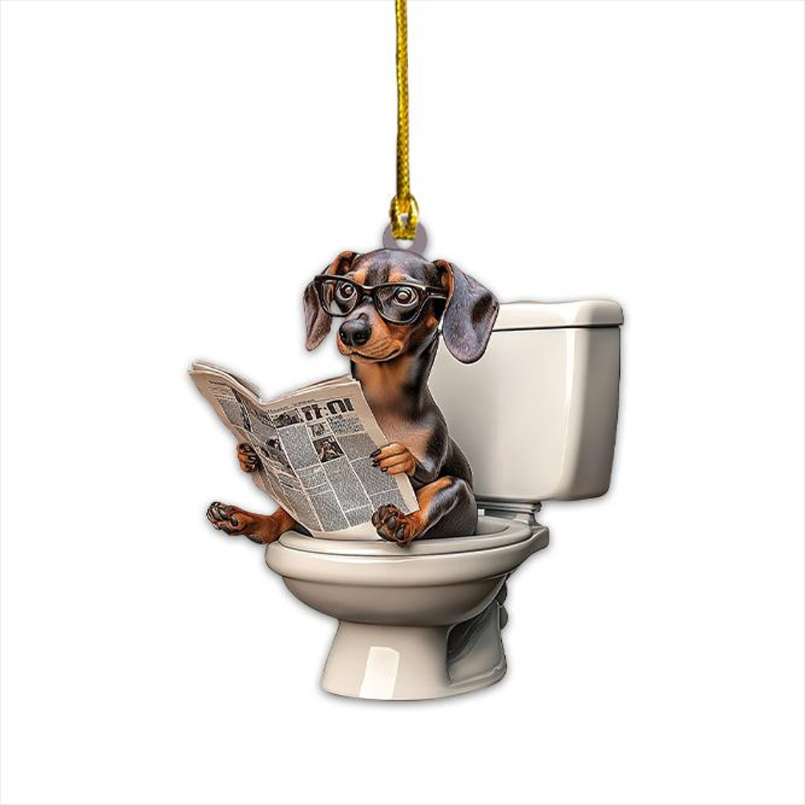 Dachshund Dog Sitting On Toilet Ornament, Dachshund Dog Reading Newspaper Hanging Ornament