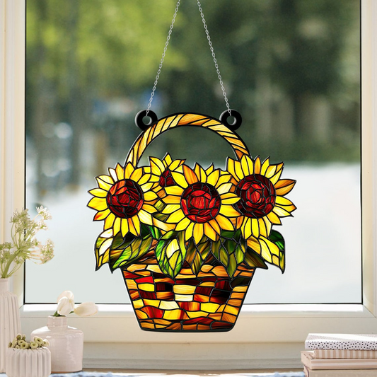 Sunflower Basket Suncatcher Ornament, Sunflower Hanging Window Decor