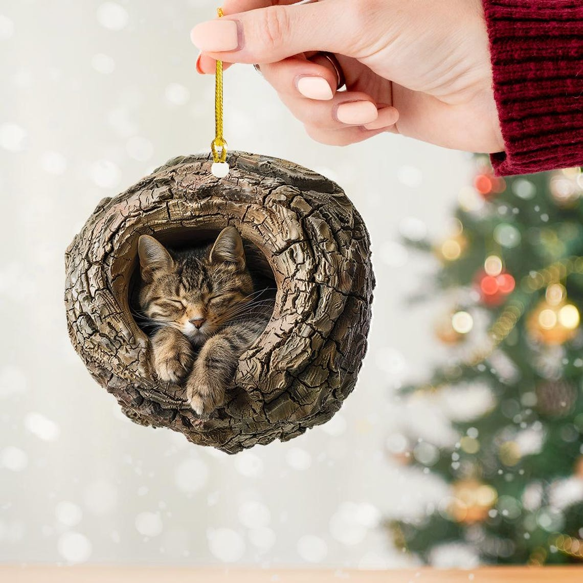 Cute Cat Sleeping Christmas Ornament, Cat Hanging Ornament Holiday Decor Gift