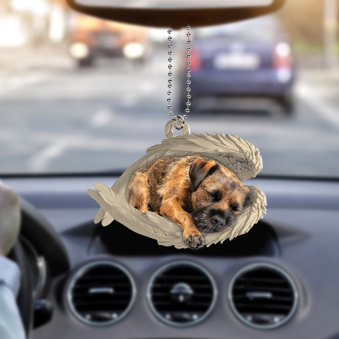 Border Terrier Dog Sleeping Angel Wings Ornament Gift, Border Terrier Dog Car Christmas Ornament