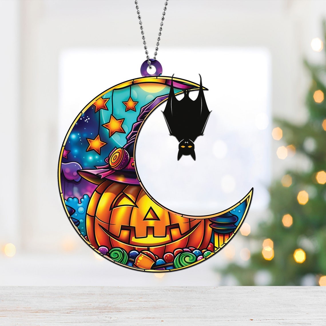 Bat on the Moon Pumpkin Halloween Hanging Suncatcher, Halloween Bat Moon Ornament