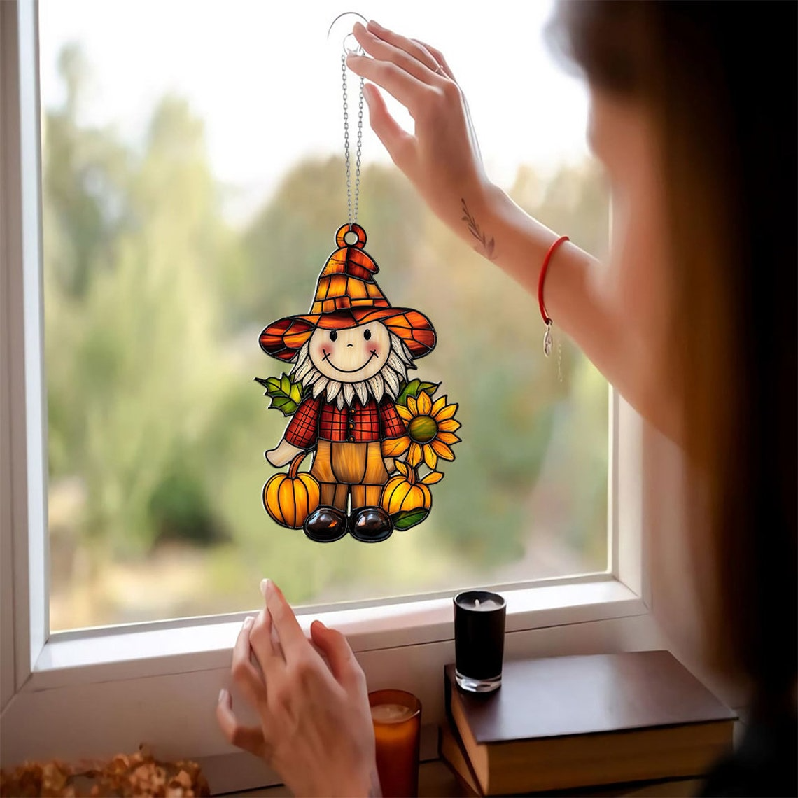 Scarecrow Pumpkin Hanging Suncatcher, Autumn Thanksgiving Ornament Decor