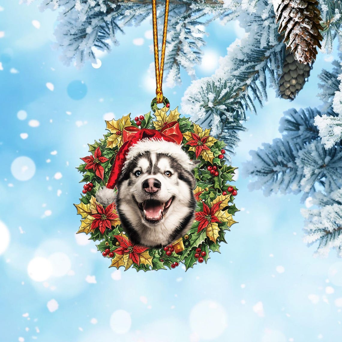 Alaska Dog and Christmas Wreath Ornament, Cute Alaska Dog Christmas Ornament Decor Holiday