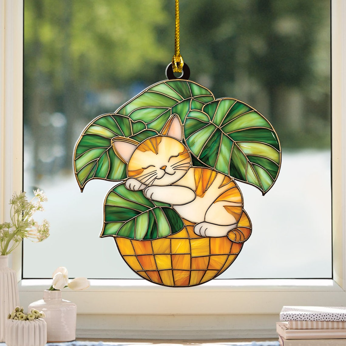 Cat Sleeping on Monstera Pot Suncatcher, Cat on Plant Pot Hanging Ornament Decor Home