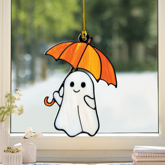 Cute Ghost Holding Umbrella Halloween Suncatcher, Cute Ghost Window Hanging Decor