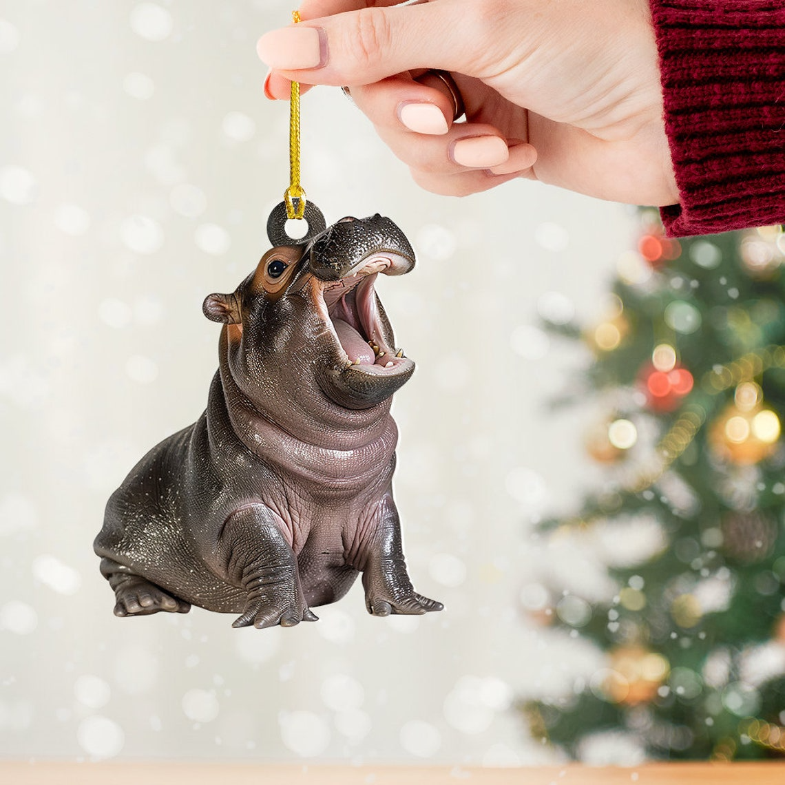 Christmas Baby Hippo Moo Deng Flat Car Ornament, Pygmy Hippo Rearview Mirror Car Ornament, Hippo Funny Hanging Christmas Ornament Decor Gift