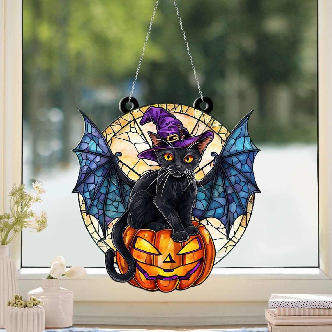 Cat Witch with Hat Purple Halloween Suncatcher, Cat Witch Window Hanging Decor