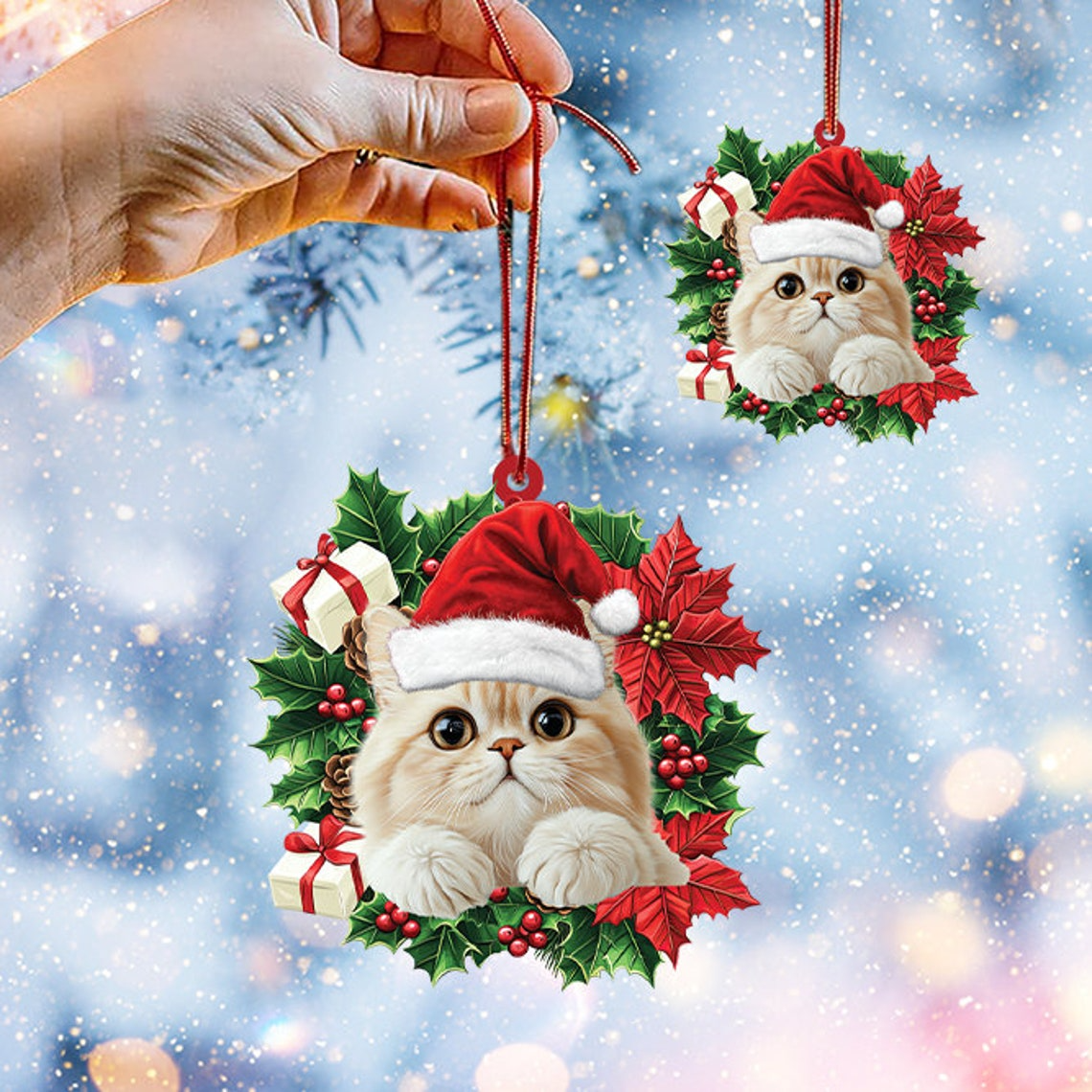 Persian Cat Christmas Wreath Ornament, Cute Cat Rearview Mirror Car Ornament Decor Gift