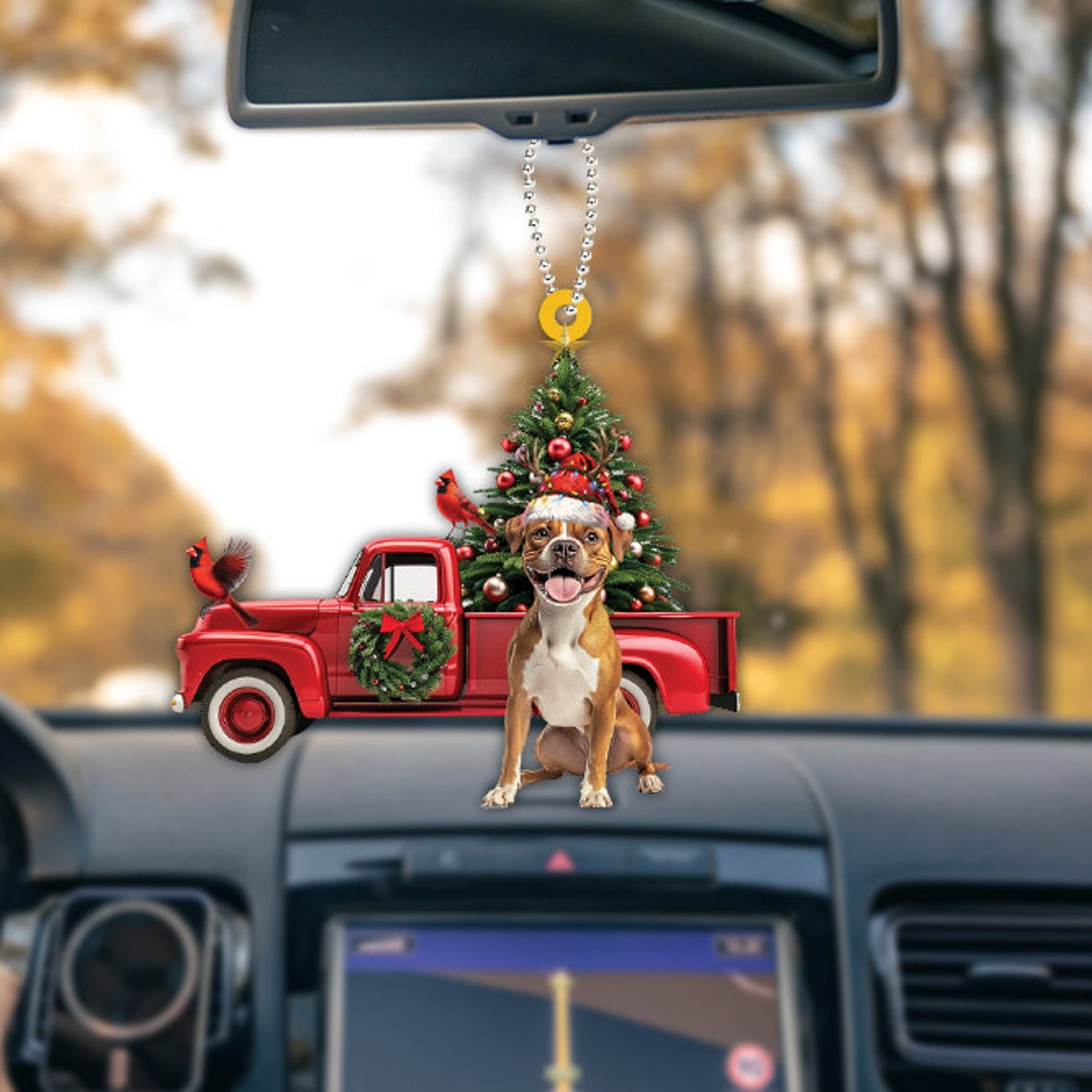 Boxer Dog Red Truck Hanging Christmas Ornament, Boxer Dog Rearview Mirror Car Ornament Decor