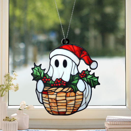 Ghost With Poinsettia Christmas Ornament, Poinsettia Flowers Window Suncatcher