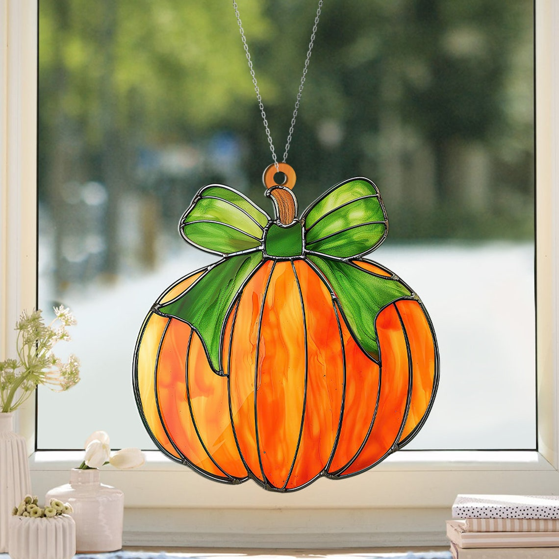 Bow Pumpkin Fall Ornament, Pumpkin Thanksgiving Suncatcher Decor