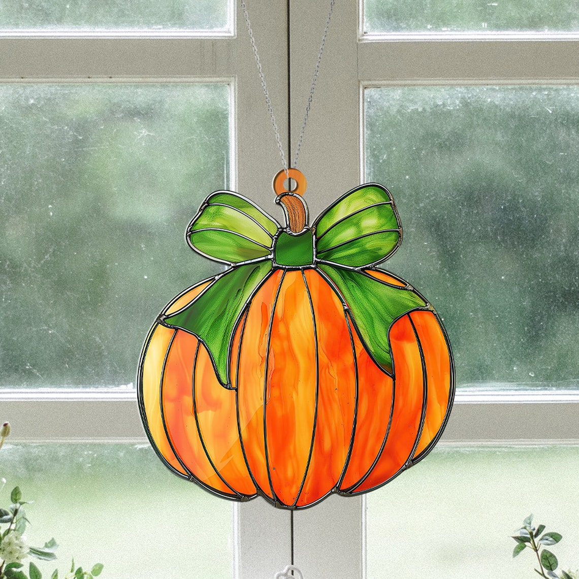 Bow Pumpkin Fall Ornament, Pumpkin Thanksgiving Suncatcher Decor