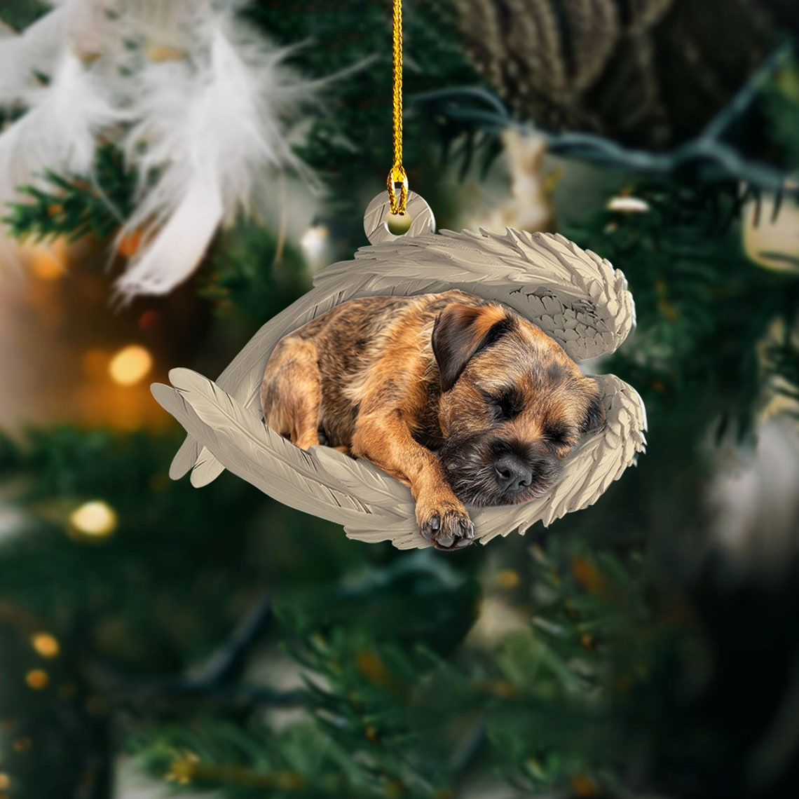 Border Terrier Dog Sleeping Angel Wings Ornament Gift, Border Terrier Dog Car Christmas Ornament