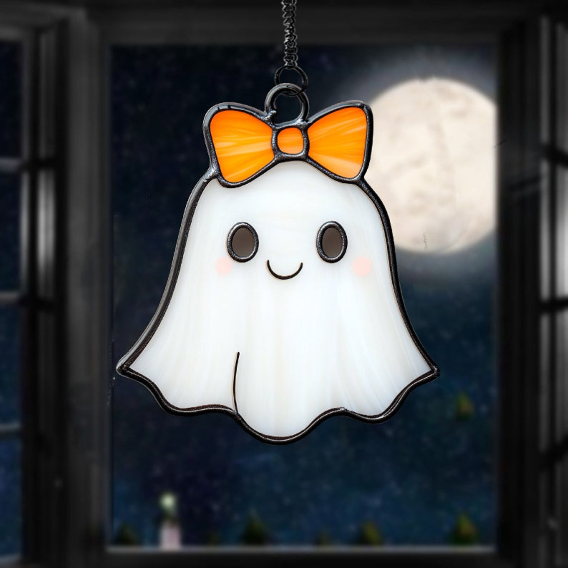 Pretty Girl Ghost With Bow Suncatcher, Halloween Ghost Window Hanging Ornament