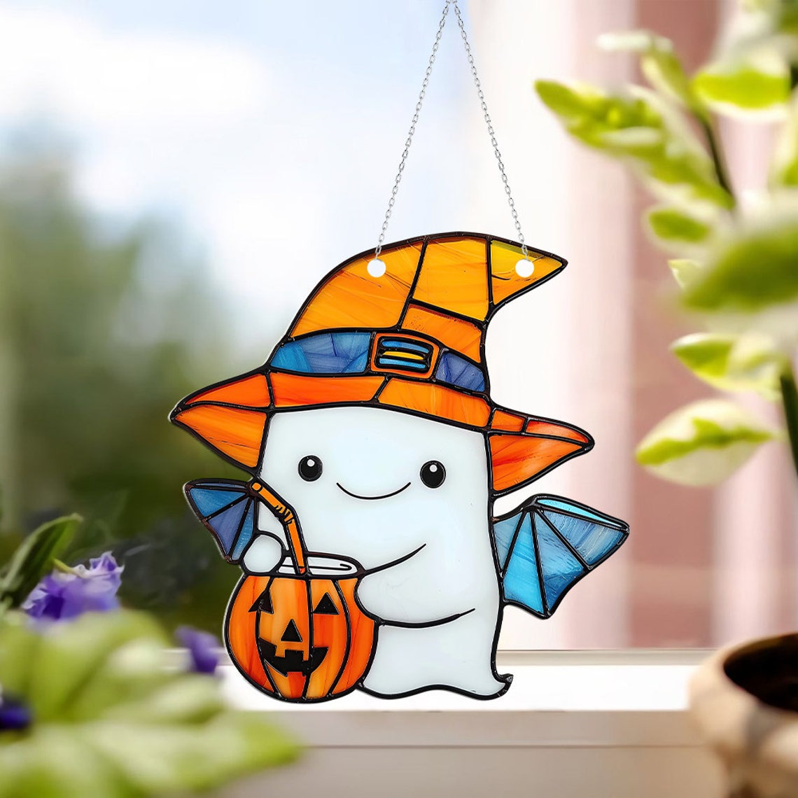 Cute Ghost Winged and Pumpkin Halloween Suncatcher, Halloween Ghost Hanging Ornament