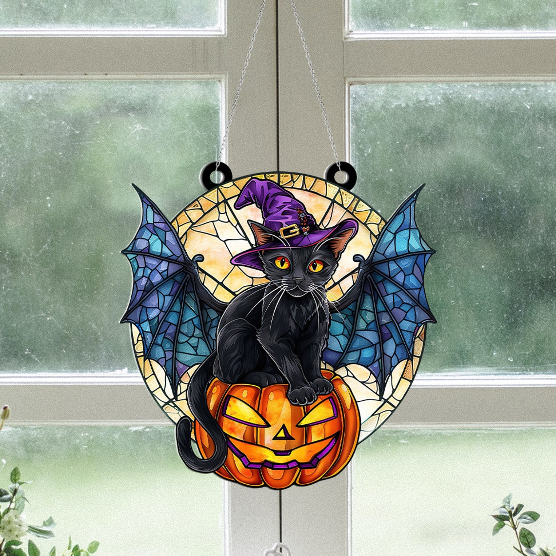 Cat Witch with Hat Purple Halloween Suncatcher, Cat Witch Window Hanging Decor